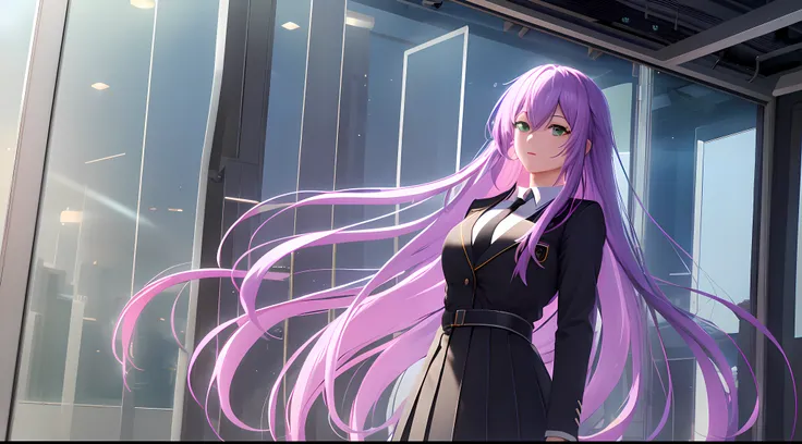 Athena with plain long light purple hair,hair between eyes,green eyes,rosy cheeks,full lips,thin eyebrows,slender body,wearing black coat necktie and full long skirt,cute anime girl,full body,classroom in background,anime style,Lumen Reflections,Screen Spa...