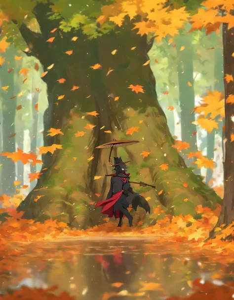 (La mejor calidad,4k,8k,Altas Resoluciones,Obra maestra:1.2),Ultra detallado, Mucha hoja de manzano cayendo,Colorful Autumn Scene,zorro solitario,Lindo perro,autumn forest,Zorro con capa hecha de hojas de arce,zorro escondido,Root of a tree,Rainy Day,Seren...