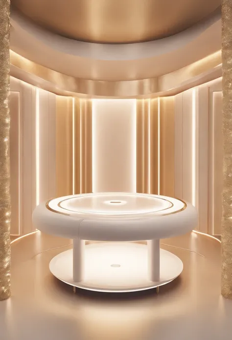 Minimalist beauty device stage design，peacful，Stage focus，commerciaphotography，light gold，Fresh and light colors，A single product stage is placed in the middle of the social media product scenario app，Digital environment，C4D Octane Render and BlenderStudio...