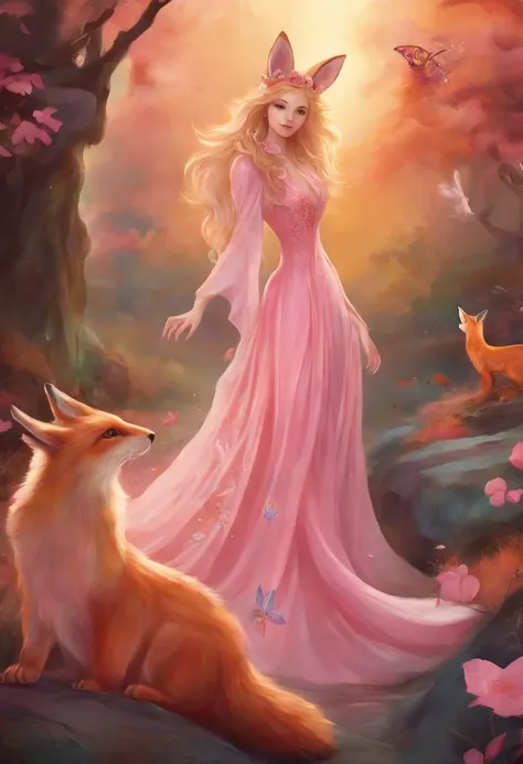 In this whimsical scene, a person dons a charming pink dress that flows gracefully around their figure. Atop their head, a pair of delicate rabbit ears add an enchanting touch, standing tall and alert. Behind them, a bushy fox tail extends, its auburn fur ...