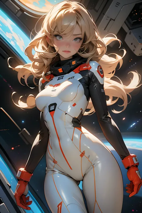 sandy hair fit body large breasts slender thighs slender waist pilot suit solo looking at viewer in space long hair blushing determination, 8k, extreme detail,