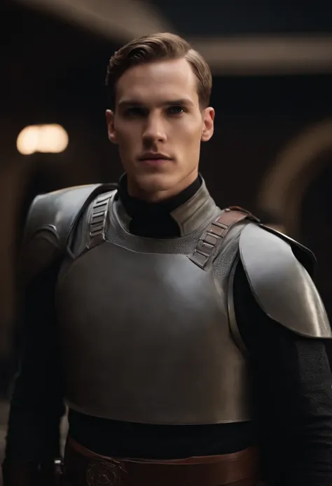 Ator que faz o personagem Mon El, Chris Wood com semblante na faixa dos 20 anos, cabelos castanhos cortados raspados, estilo militar, ultrarrealista HD fotorrealista altamente renderizado. Roupa do personagem Starkiller do universo de Star Wars