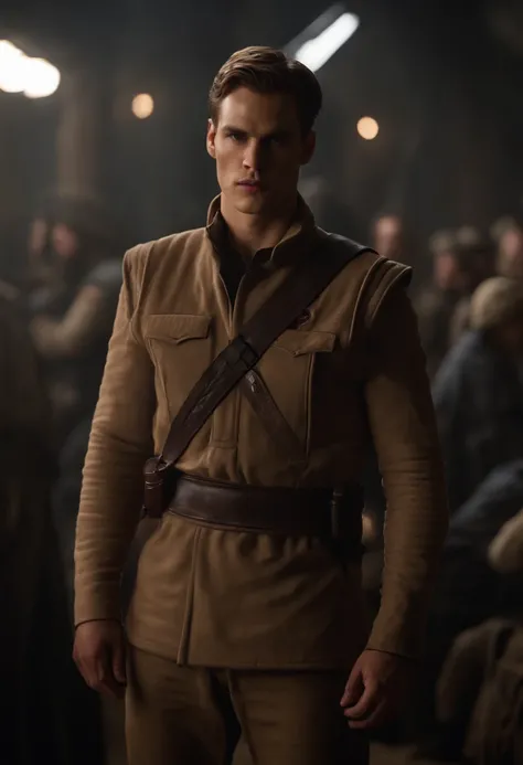 Ator que faz o papel de Kai Parker em The Vampire Diaries, Chris Wood com semblante na faixa dos 20 anos, cabelos castanhos cortados bem curtos, estilo militar, ultrarrealista HD fotorrealista altamente renderizado. Roupa do personagem Starkiller do univer...