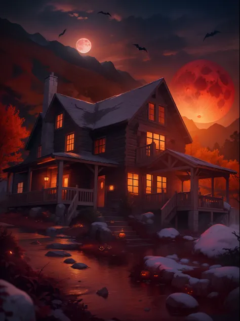 Best quality, masterpiece collection, Mountain cabin, Halloween night, witch enjoying Halloween event, blood moon, cabin on mountain, horror night view, terrifying enjoying moments view, waterfall, ultra detailed art, super detailed, semi-realistic detaile...