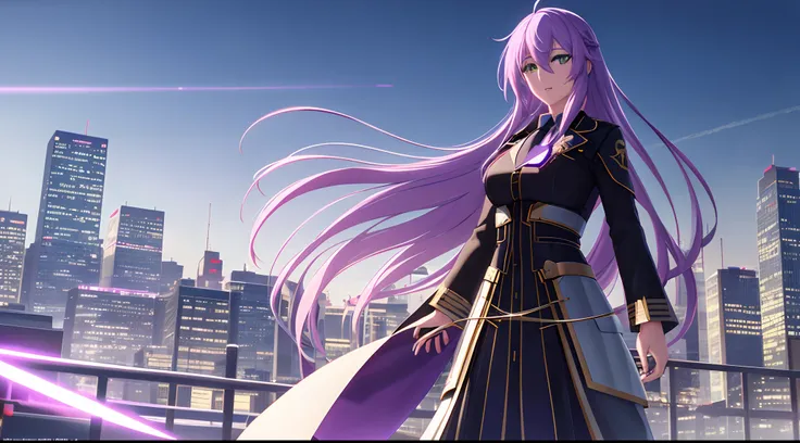 Athena with plain long light purple hair,hair between eyes,green eyes,rosy cheeks,full lips,thin eyebrows,slender body,wearing black coat necktie and full long skirt,cute anime girl,full body,futuristic city rooftop in background,anime style,Lumen Reflecti...