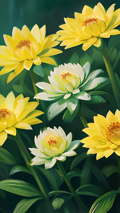 Small chrysanthemums in the grass，(((oil painted)))，(((No Man)))acrylic paint