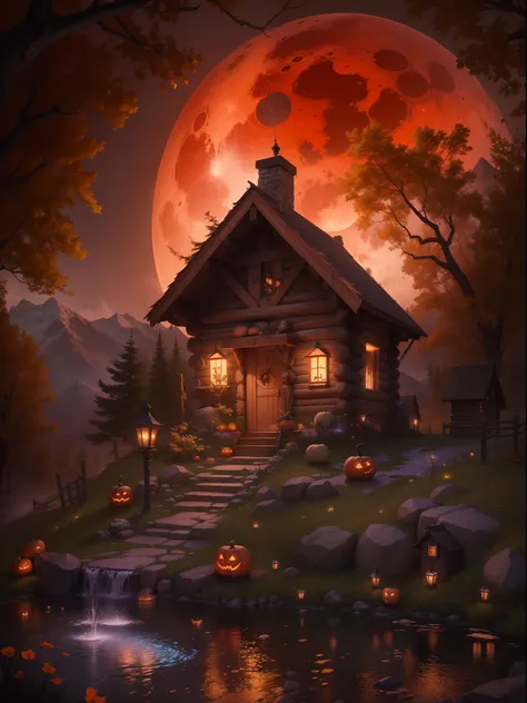 Best quality, masterpiece collection, Mountain cabin, witch enjoying Halloween event, blood moon, cabin on mountain, small water fountain, ultra detailed art, super detailed, 24K Ultra high definition resolution, glowing and shining lit effects, rendered b...