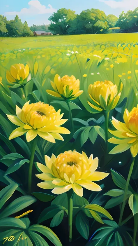 Small chrysanthemums in the grass，(((oil painted)))，acrylic paint