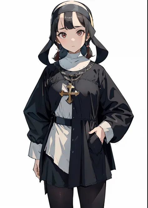 ((one young asian girl)), ((two short hair pigtails)), brown hair, black pupils,(((wearing a nun fantasy outfit))), serious look...