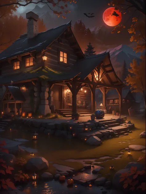 Best quality, masterpiece collection, Mountain cabin, witch enjoying Halloween event, blood moon, cabin on mountain, small water fountain, ultra detailed art, super detailed, 24K Ultra high definition resolution, glowing and shining lit effects, rendered b...