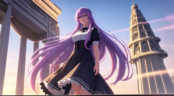 Athena with plain long light purple hair,hair between eyes,green eyes,rosy cheeks,full lips,thin eyebrows,slender body,wearing black maid uniform and full long skirt,cute anime girl,full body,futuristic city rooftop in background,anime style,Lumen Reflecti...