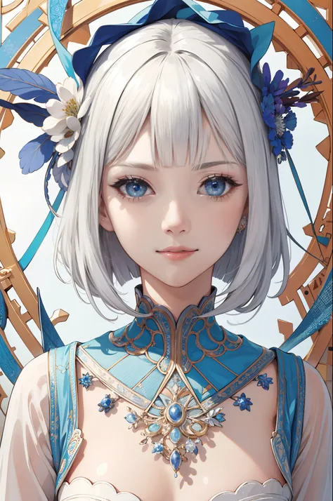 (best quality,high resolution,ultra-detailed),1girl,mature woman,white hair,long hair,bob bangs,blue eyes,day dress,long sleeves,beautiful detailed eyes and face,intricate details,BREAK mosaic art,small pieces,colorful inlay,complex patterns,tile design,du...