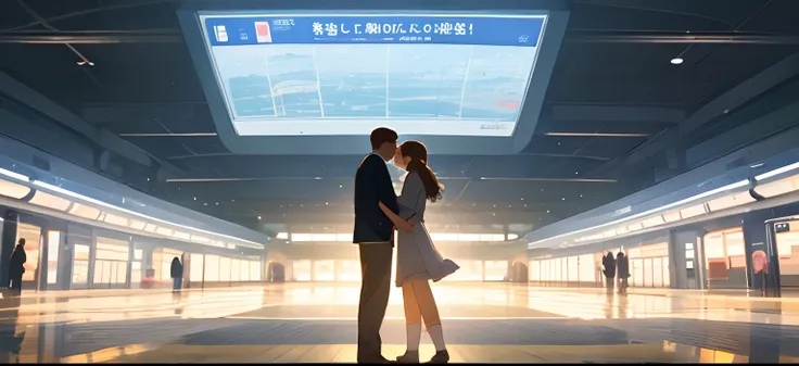 Man and woman holding hands in front of the station、posterior view