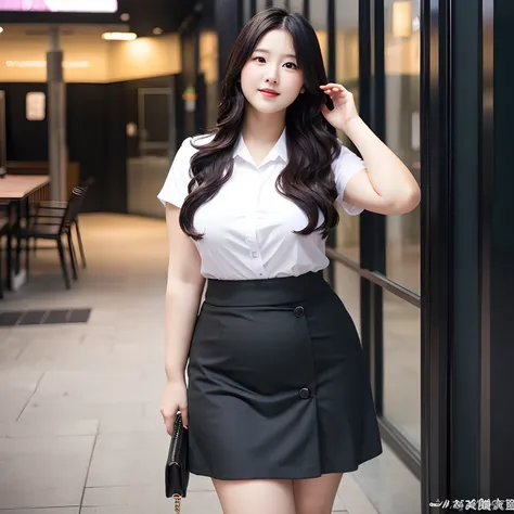 chubby figure，A dark-haired，Best Quality，is standing，Beautuful Women，Chest emphasis，wearing skirt，kawaii，