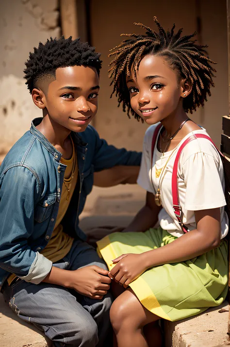 Close-up of an africa america boy and a girl of 12 y.o sitting down, facing each other, smiling and talking, ((background of of some people))