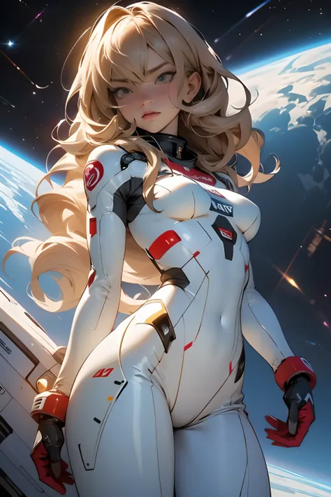 sandy hair fit body large breasts slender thighs slender waist pilot suit solo looking at viewer in space long hair blushing determination, 8k, extreme detail,