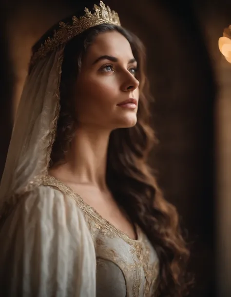 Cinematic portrait, ((upper body)), facing the audience, (Reality :1.3), the worlds most beautiful artwork photo, a woman looking into the camera, European medieval court dress, gorgeous, soft gauze, detailed beautiful face, action shooting, (intricate :1....