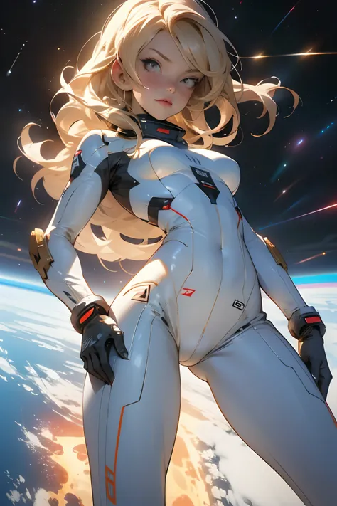 sandy hair fit body large breasts slender thighs slender waist pilot suit solo looking at viewer in space long hair blushing determination, 8k, extreme detail,