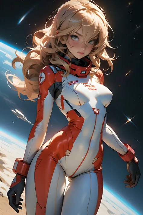 sandy hair fit body large breasts slender thighs slender waist pilot suit solo looking at viewer in space long hair blushing determination, 8k, extreme detail,