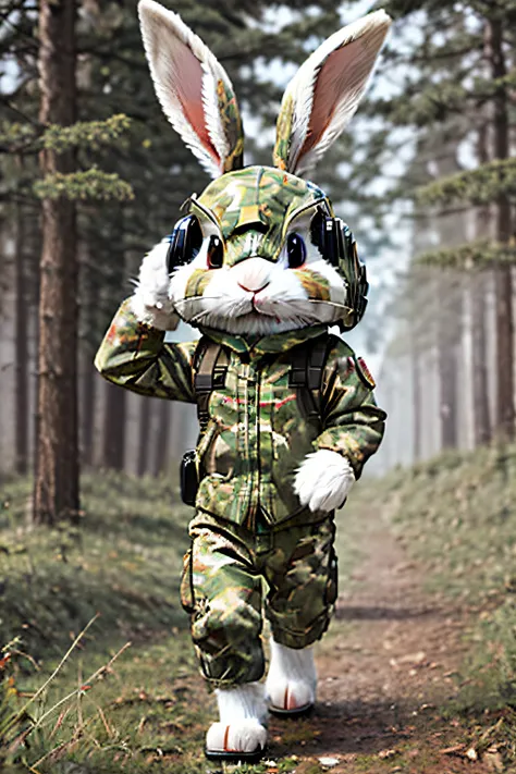 there is a painting，a rabbit wearing a camouflage helmet and camouflage pants, a rabbit, furry character, cute character, anthro...