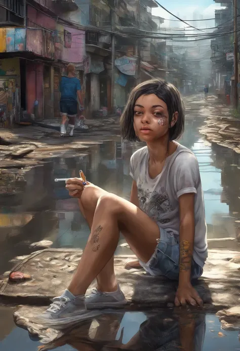 A skinny girl in shorts and sweatshirts smoking cigarettes with a sexy face in the favela looking at the city of São Paulo  ,Your reflection in the puddle of water mirrors an angel ,estilo visual ciber punk ,estilo de desenho anime