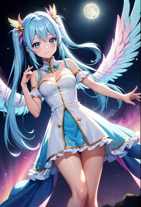 Super Idol　a beauty girl　A charming smile　sky blue hair　length hair　Twin-tailed　Glittery bright pink and white and yellow leotards　facing front　Angel large wings on the back 7 colors　Mystical　Fantasia　constellation　a moon　Crystal Brilliance　Aurora Borealis...