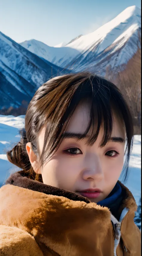 Masterpiece,(Best quality:1.3),超高分辨率,RAW photo,Detailed skin,Style: Realistic pictures, 1girll,Cold nature documentary photography,Snowy mountain environment,Natural light,A clear face,Mild acne,