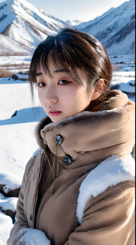 Masterpiece,(Best quality:1.3),超高分辨率,RAW photo,Detailed skin,Style: Realistic pictures, 1girll,Cold nature documentary photography,Snowy mountain environment,Natural light,A clear face,Mild acne,