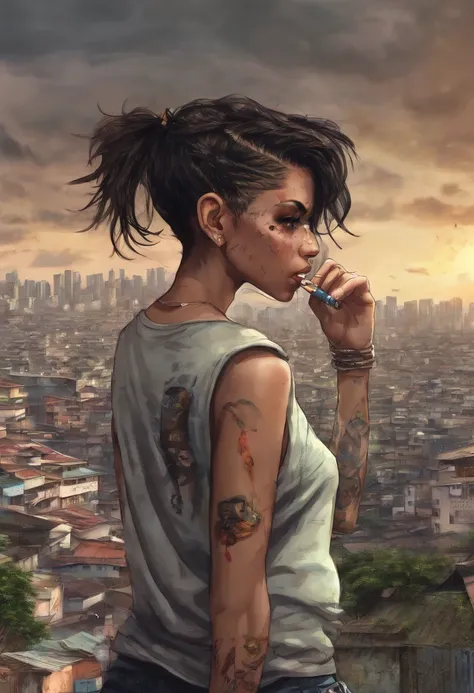 A skinny girl in shorts and sweatshirts smoking cigarettes with a sexy face in the favela looking at the city of São Paulo   ,estilo visual ciber punk ,estilo de desenho anime cenario de guerra