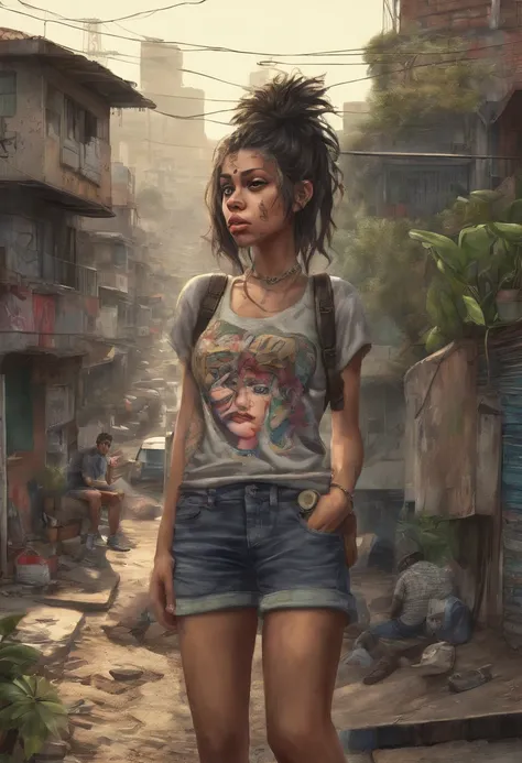 A skinny girl in shorts and sweatshirts smoking cigarettes with a sexy face in the favela looking at the city of São Paulo   ,estilo visual ciber punk ,estilo de desenho anime cenario de guerra