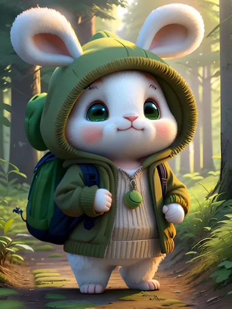 Cute Milo bunny in a green hoodie, Carrying a rucksack，holding a map，In the middle of the forest, Tilting his head curiously, lovely digital painting, cartoon character, a 3D render, Bright lighting, Vivid colors, Disney and Pixar style,