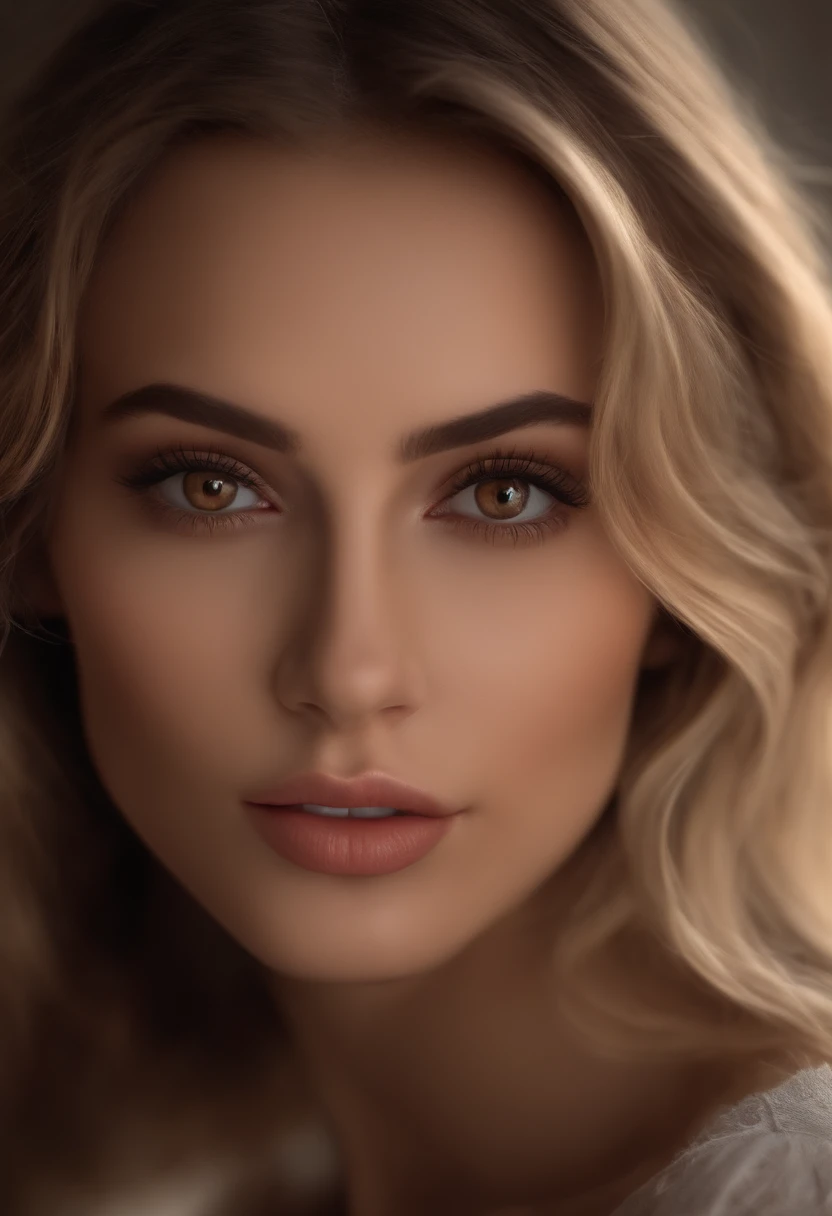 ultrarealistic European woman, sexy girl with brown eyes, portrait Realistic, dark brown blonde long hair and large eyes detail, natural lips detail, image of a young woman, bedroom eyes, natural makeup, looking directly at the camera, face with artgram, s...