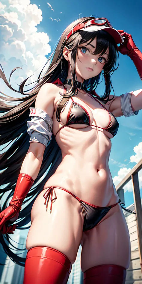 random cowboy shot the 4 cardinal points, masterpiece, Lucia_Crimson_Weave, heterochromia, black bikini, bandaged arm, white jacket, red goggles around neck, looking at viewer, upper body, ((view from below)), nsfw