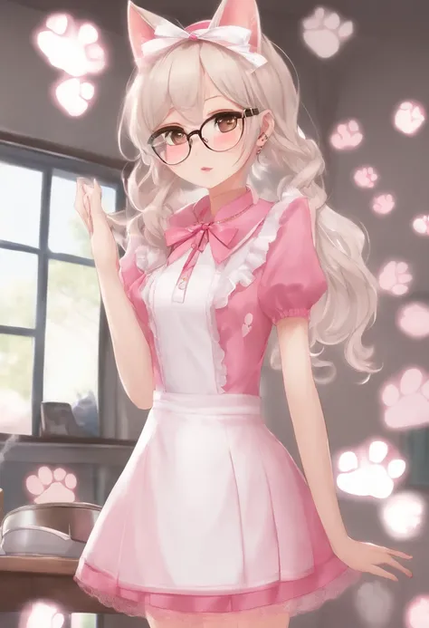 Has cat ears
Gold-rimmed half-rimmed glasses
Dyed silver waist-length hair
Pink collar with bell and cats paw print
A miniskirt maid outfit in a one-piece pink and white color
White stockings with cats paw prints
Girl with dark mid-heeled shoes