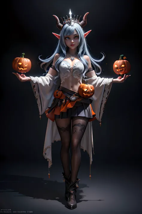 Halloween, Full body shot 、Cute Devil Beautiful Woman、Halloween Costumes,、Halloween Pumpkin、wearing white fluffy clothes,A demon queen with a very beautiful face、, wearing skirt、Ice Pendant.、Portraits of characters from Night Elf Warden World of Warcraft, ...