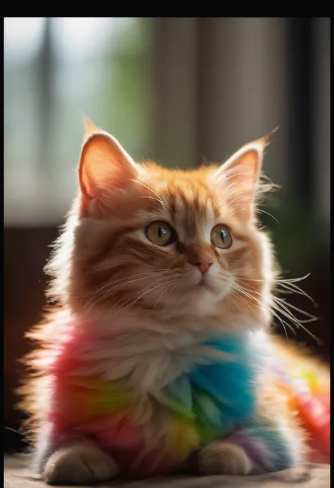 colourfull、Fluffy cat，Baby cat、Extremely cute，，Mofumofu、Mofumofu、Ultimate HD image quality、The ultra -The high-definition、high detailing、Best Quality、Seven colors、Rainbow color: Colorful coat color