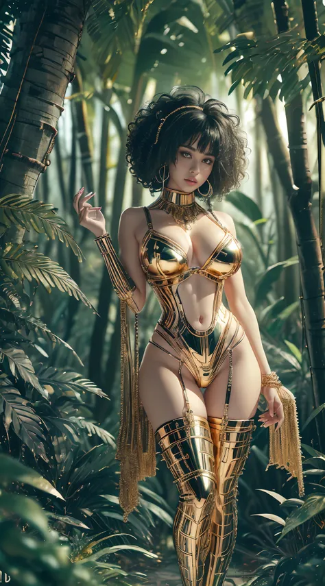 ((full body shot)), Woman only in gold metal jewelry in the jungle, Highly Detailed Face and Skin Texture, ((white skin)) big green eyes, slim face, juicy lips, bimbo lips, big bimbo puffy breast, metal gold niples covers ((afro curly Black hair)), pale sk...