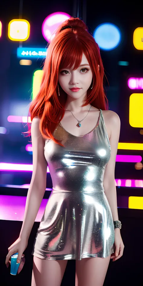 Full-body portrait, 1girl, redhead, realistic hair, chilling in a nightclub, colorful neon lights, wearing a casual cybepunk mini dress, silver aviator sunglasses, diamond surface, cool vibes, nurturing gesture, depth of field, bokeh background