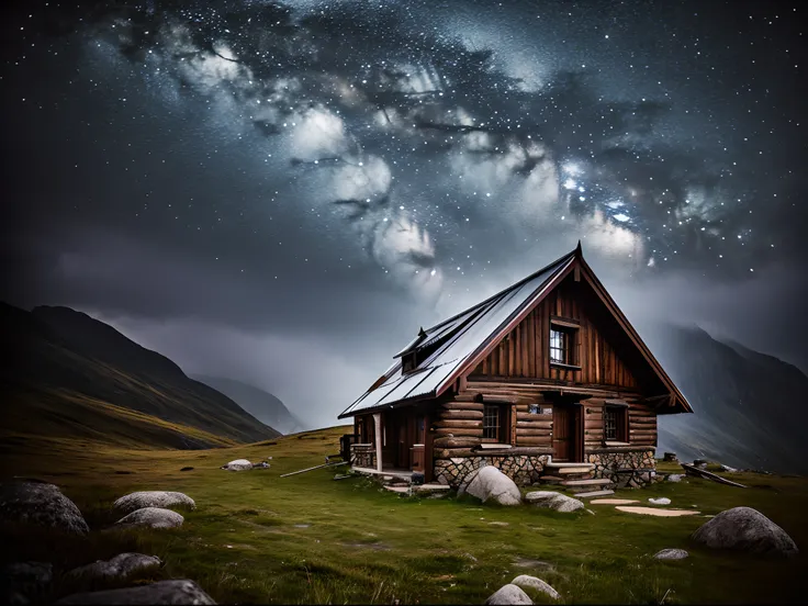 (8K, 16 K, Award-winning, Highest Quality, High resolution, Intricately detailed, Highly detailed),A mountain hut isolated by a storm, lightning, thunderstorm, night, heavy rain, rain and wind hitting the glass window, power outage, horror movie, real rain...