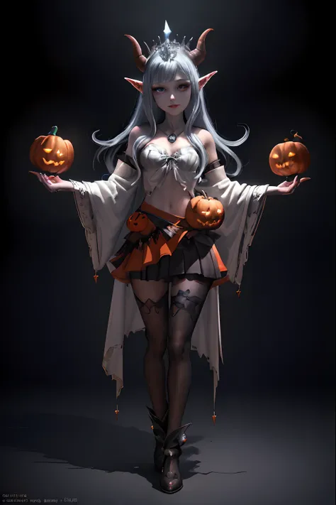 Halloween, Full body shot 、Cute Devil Beautiful Woman、Halloween Costumes,、Halloween Pumpkin、wearing white fluffy clothes,A demon queen with a very beautiful face、, wearing skirt、Ice Pendant.、Portraits of characters from Night Elf Warden World of Warcraft, ...