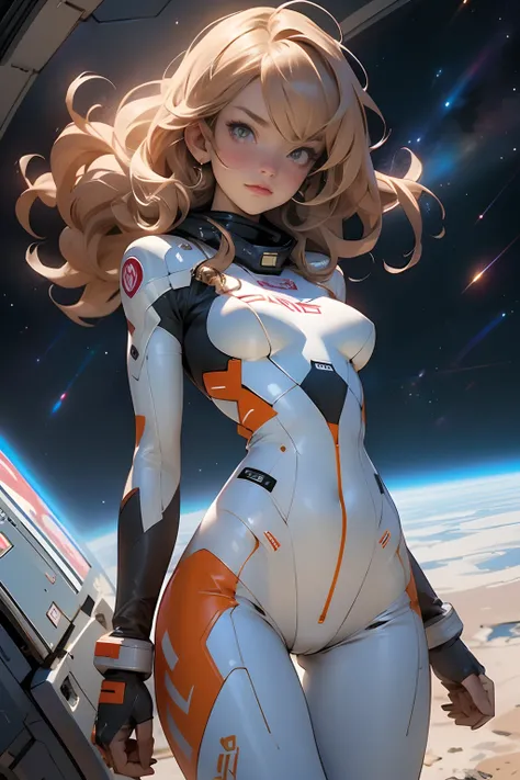 sandy hair fit body large breasts slender thighs slender waist pilot suit solo looking at viewer in space long hair blushing determination, 8k, extreme detail,