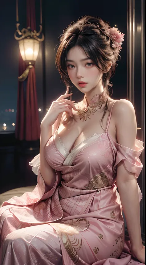 The art depicts a charming woman dressed in a flowing, silky traditional oriental dress, pink, decorated with intricate patterns and bright colors. Her dress drapes elegantly over her curvy figure, accentuating her seductive silhouette. She stood gracefull...