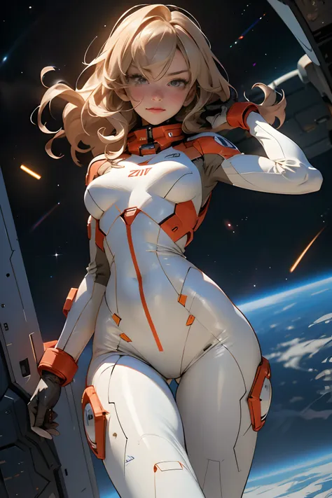 sandy hair fit body large breasts slender thighs slender waist pilot suit solo looking at viewer in space long hair blushing determination, 8k, extreme detail,