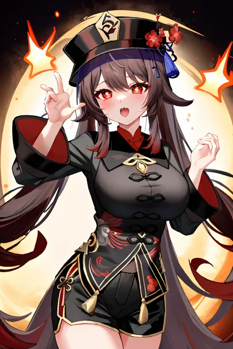 巨作, Best Quality,
1girl, Hu Tao (genshin impact), Pu Tao,Hat, red eyes, twintails, brown-haired, 独奏, Symbol-Shaped Pupils, long  hair,explosions, black shorts , Chinese clothing, big tits, ahegao, sexy, milf, May be