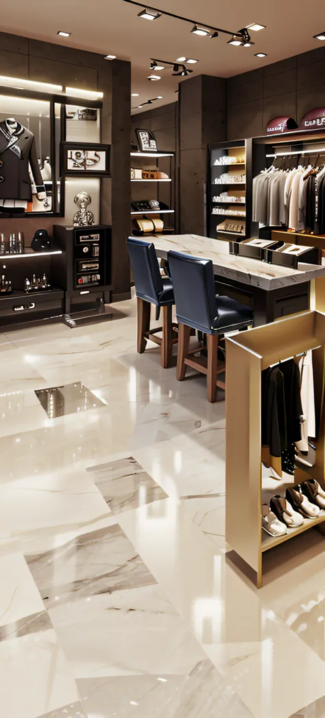 There is a large room in a punk style，punky style，There are a lot of clothes inside, show room scene, retaildesignblog, Modern look, high end, high - end, Very intense, angular dynamic white rock floor, Showcase, Product display, Good looking, Elegant appe...