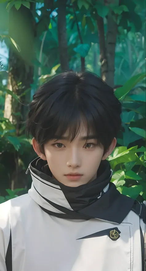 Real life adaption of this character, Korean teen handsome face,looking to viewer,realistic same hairstyle black color,realistic jungle with many grass background, hyper realistic, realistic light, realistic shadow, realism,(photorealistic:1.2), (realistic...