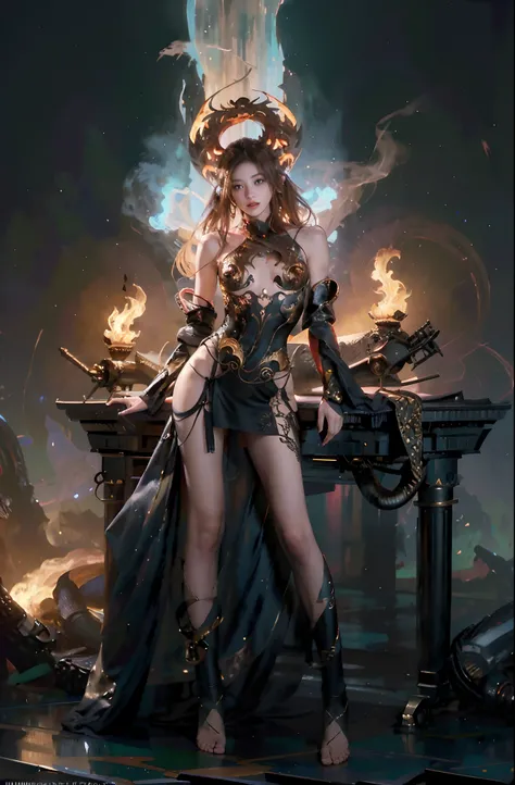 (Masterpiece, High quality, Best quality, offcial art, Beauty and aesthetics:1.2),(theelementoffire:1.4),（1 young woman：1.6）,Composed of fire elements，Highly realistic,posing elegantly,Transparency,Sci-fi lighting effects,dress,Flame,hoang lap，climaxing，，b...