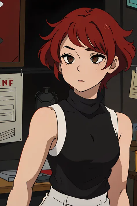 a girl, with short curly hair, red hair, white hair, who wears a black turtleneck tank top