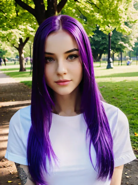 realistic jinx, alina ivanenko, (alina ivanenko), (alina), (ivanenko),(ivanova), alina, ivanova, ivanenko, (purple hair), straight hair, outside in park, portrait