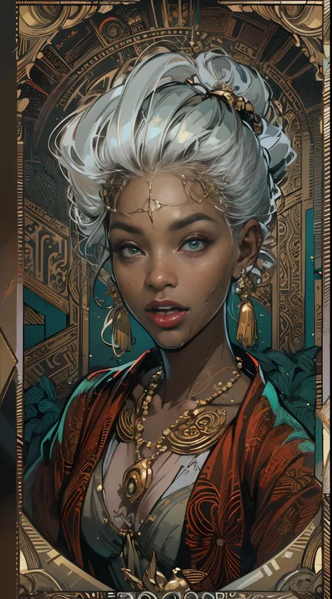 tarot cards，Full tarot border，(The image is surrounded by a tarot card-style border:1.8), Black Woman Ahegao，Silver hair，A heartwarming smile，Thick lips，Elongated eyes，Charming eyes，（Beautiful and detailed eye description），Snow-whiteskin，mature，Redlip（Very...